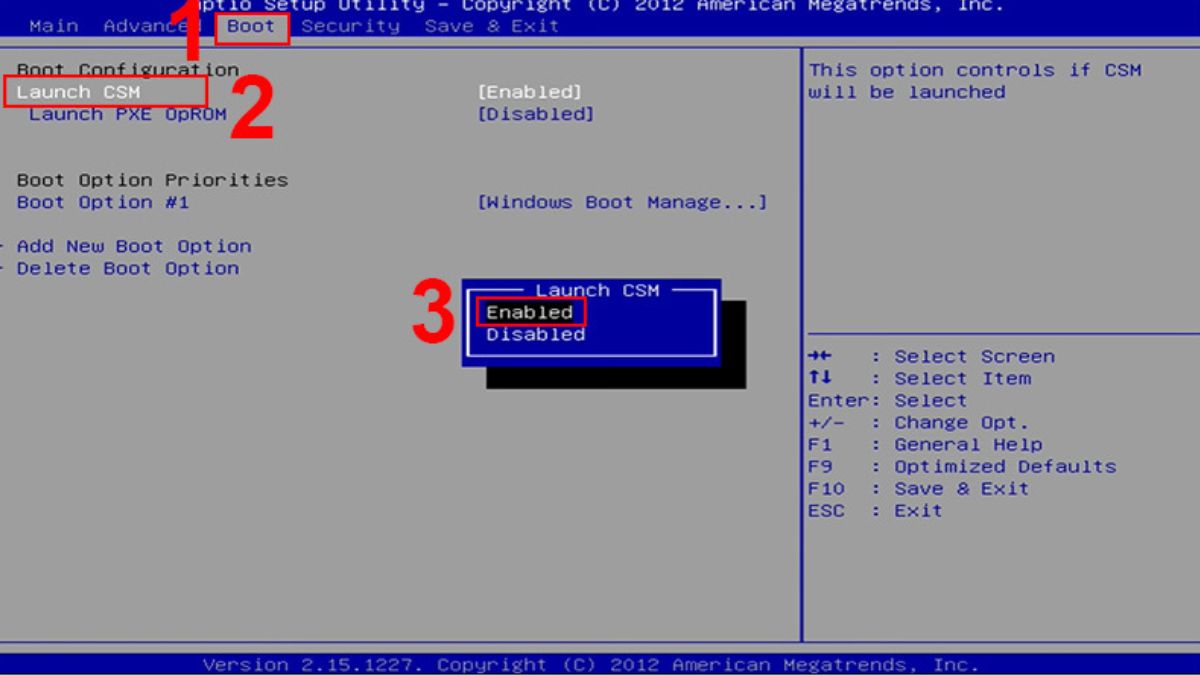 Cách khắc phục lỗi BIOS Win 10 - Tùy chọn Launch CSM bước 1,2