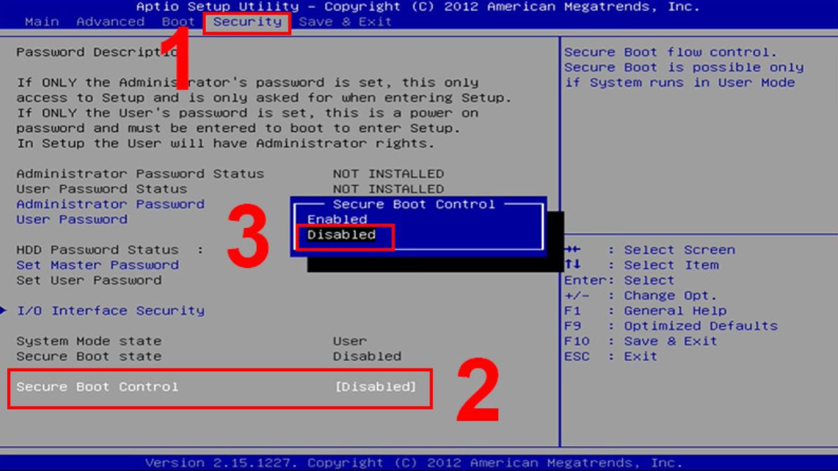 Cách khắc phục lỗi BIOS Win 10 - Tắt Secure Boot bước 1,2