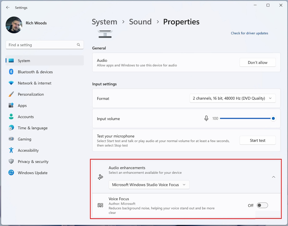 Chọn Microsoft Windows Studio Voice Focus